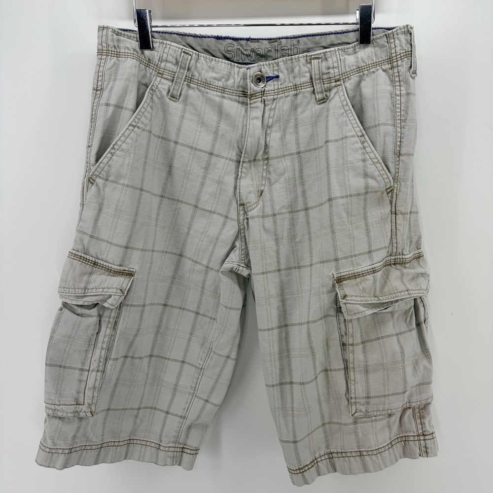 Levis SilverTab Cargo Shorts Mens 32 Plaid Long Multi Pocket Y2K Utility